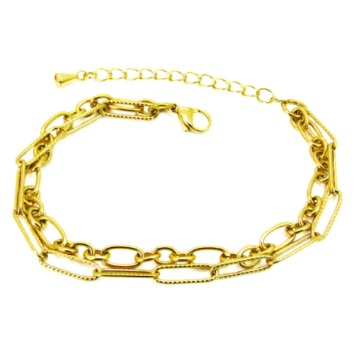 Women's Bracelet or Cheville Chain Double Maille Trombone in Stainless Steel Golden Gold Reglable