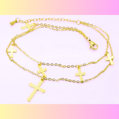 Chaine de Cheville Croix Double Chaine Femme Acier Inoxydable Doré à l'Or Fin