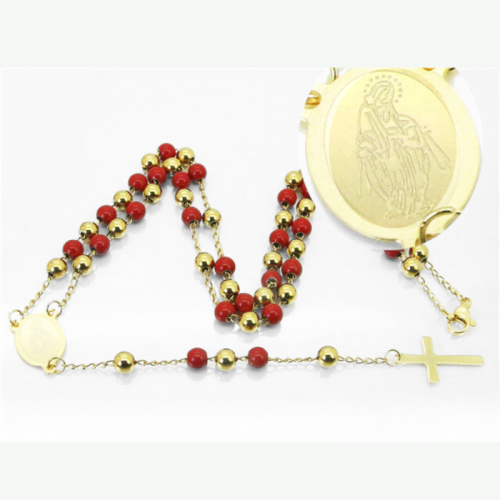 Chapelet Femme Fille Collier Croix et Médaillon Dame de Guadeloupe Acier Or Perles Rouges Baptême Communion