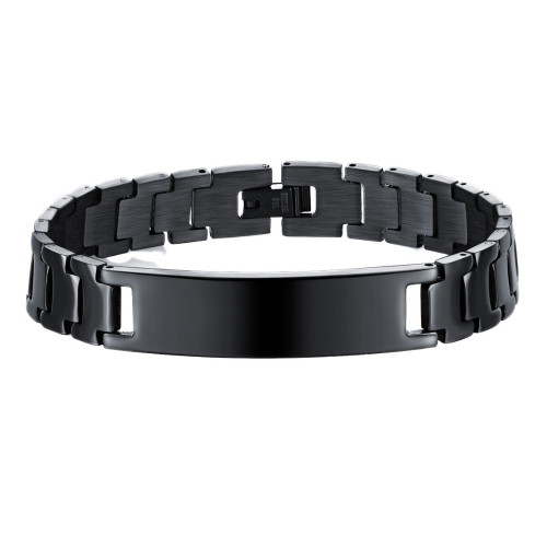 Black Stainless Steel Men's Bracelet With Defining Plate in Graver Style Gourmette 21cm