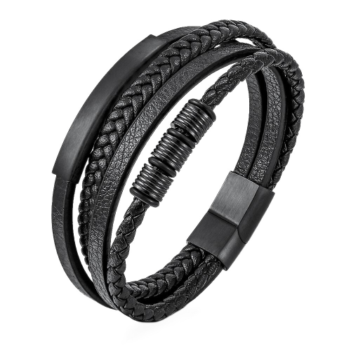 Bracciale in pelle nera Quattro rang e inserire piatto in acciaio inossidabile Personalizza