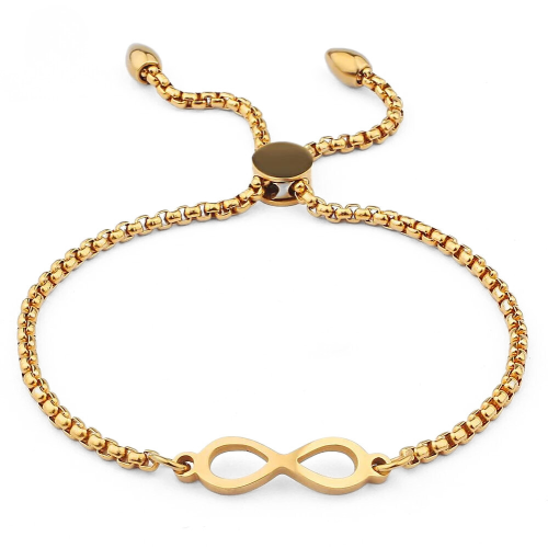 Bracciale da donna scorrevole regolabile con simbolo dell'infinito in acciaio fino placcato oro con chiusura personalizzabile