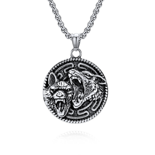 Collier Pendentif Viking Homme Têtes de Loups Gardiens en Acier Inoxydable et Chaine incluse