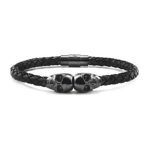 Men's Leather Bracelet Double Die Heads in Stainless Steel Magnetic Biker