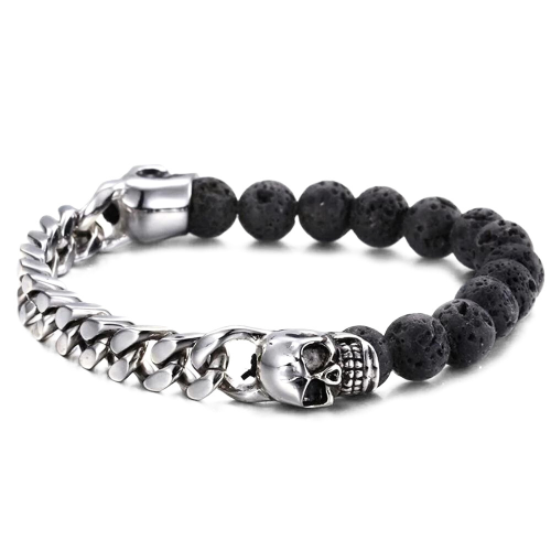 Double Men's Bracelet Death Heads with Cuban Maille in Stainless Steel and Lava Volcanic Stone Biker