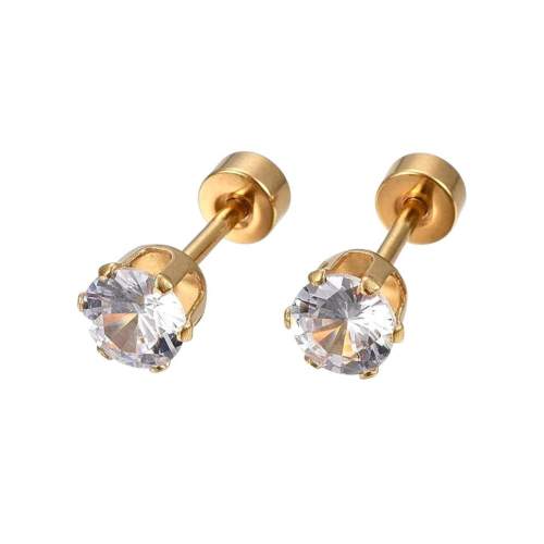 Paire de Boucles d'oreilles à Vis Femme Puce en Acier Inoxydable Doré à l'Or Fin Zircon Rond Blanc