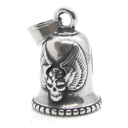 Clochette Moto Pendentif Homme Porte Bonheur Guardian Bell Tête de mort Ange Biker en Acier et Chaine Incluse