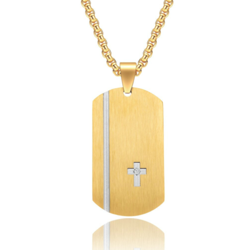 Collier Pendentif Homme Plaque Militaire Avec Croix en Acier Doré à l'Or Fin Bande Croisillons Chaine Incluse