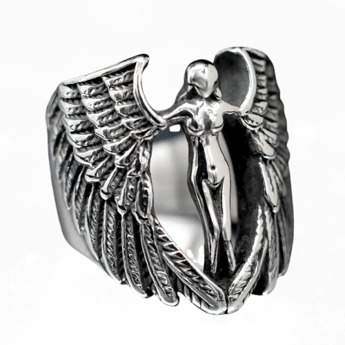 Anillo hombre diosa de acero inoxidable mujer ángel crucificado gótico