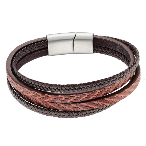 Men's Bracelet Leather Brown Dark Brown Four Ranks Stainless Steel Clasp Brushed Custom