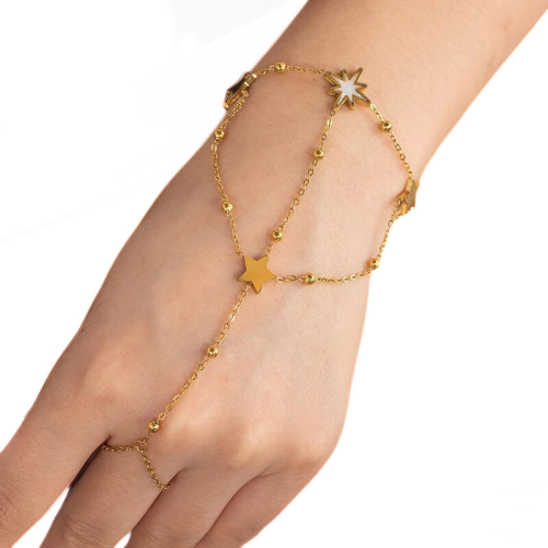 Women's Hand Jewellery - Hand Chain Bracelet and Ring Stars in Stainless Steel Gold Gold Fine Adjustable