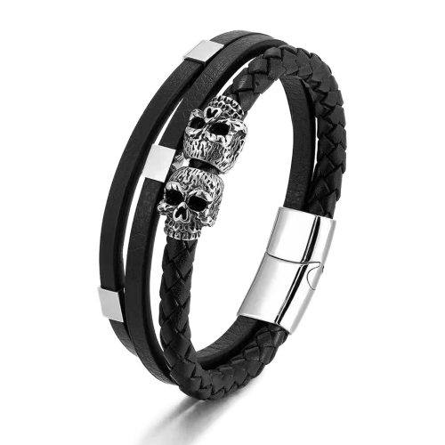 Leather Men Bracelet with Biker Death Heads and Magnetic Clasp Customized Stainless Steel