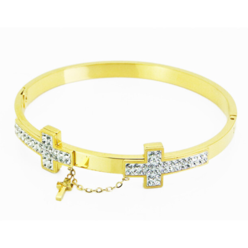 Bracelet Jonc Croix Femme en Acier Inoxydable Doré à l'Or Fin et Cristaux Blanc