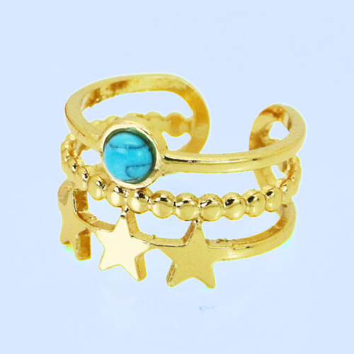 Bague Ajustable Multi Rangs Bohème Étoile Femme Acier Inoxydable Or Fin et Pierre Turquoise