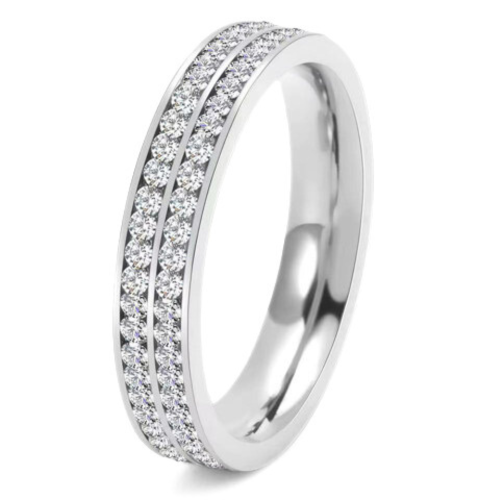 Alliance d'Éternité Femme 4mm - Bague de Mariage Acier Double Rangs Sertis Zircons Gravable