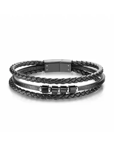 Men's bracelet black leather braided triple ties and clasp steel magnet 20cm