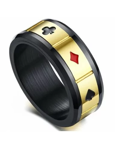 Anello da uomo in acciaio nero e oro rotante card da poker