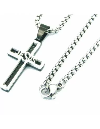 Colgante cruz de jesús para hombre en acero y carbono negro y cadena incluida