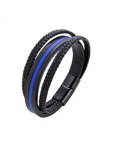 Men's bracelet leather triple rows leather black and blue band central steel clasp