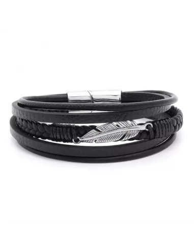 Bracelet man multi-rang leather black clasp and feather steel 21cm