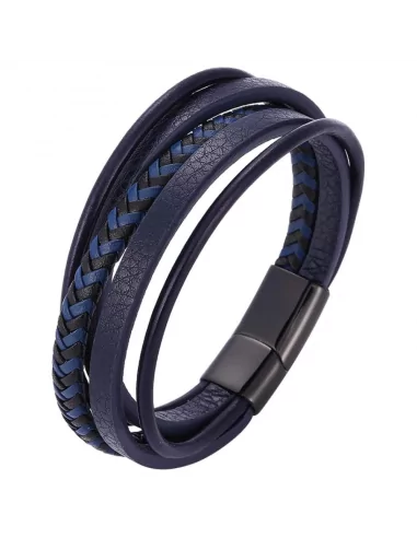 Bracciale uomo in pelle cinque righe di blu colore chiusura in acciaio nero