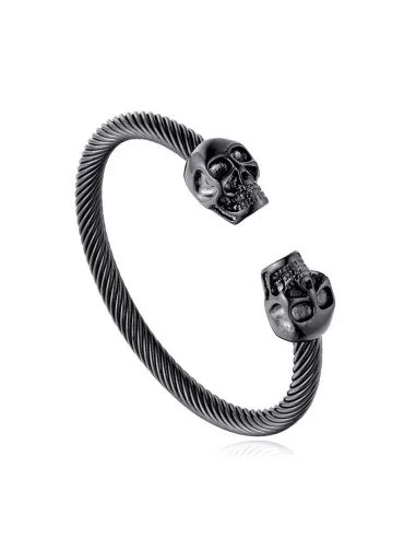 Manchette brazalete negro cable de acero retorcido doble cabeza de muerte