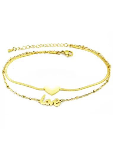 Bracciale da donna a catena alla caviglia, in acciaio dorato con cuore amore in oro zecchino