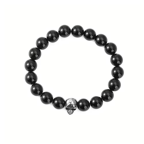 Bracciale in Onice Nero con Perline di Protezione e Teschio in Acciaio Biker