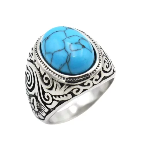 Chevalière Pierre Turquoise Bague Pour Homme Acier Inoxydable Tribal Protectrice