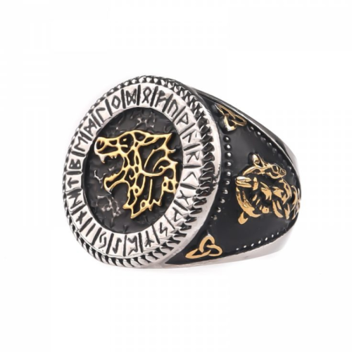 Bague Viking - Chevalière Fenrir Loup Vegvisir Valknut Amulette Sceau Runes Celtique Homme en Acier