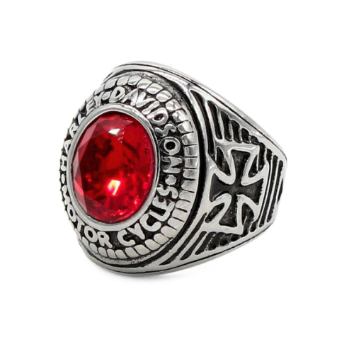 Chevalière Harley Davidson Homme Acier Pierre Rouge Zirconium Croix Bague Biker