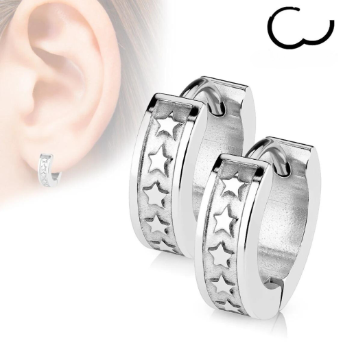 Boucles d'Oreilles Homme Créoles Acier Inoxydable Décorée de Cinq Etoiles