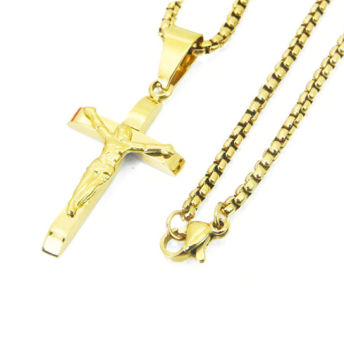 Pendentif Croix Avec Christ Jesus Crucifix Acier Or et sa Chaine Grains de Blé